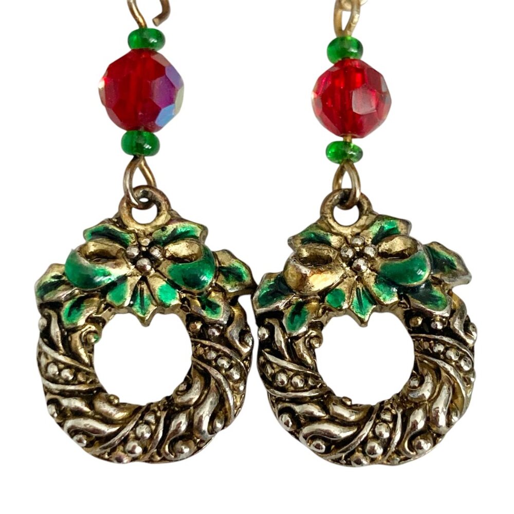 Vintage Christmas Wreath Dangle Charm Earrings Gold Tone Enamel Red Bead Post
